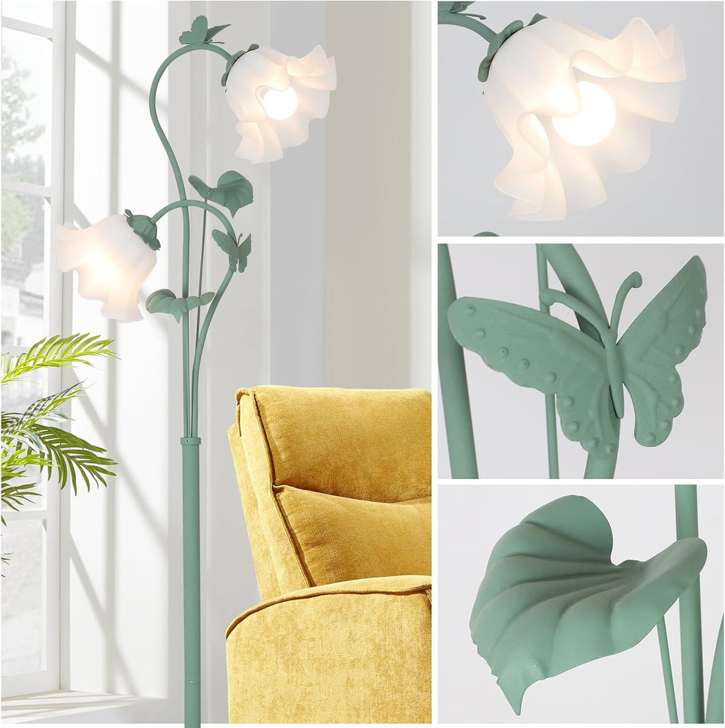 Vintage Green Floral 2-Light Floor Lamp