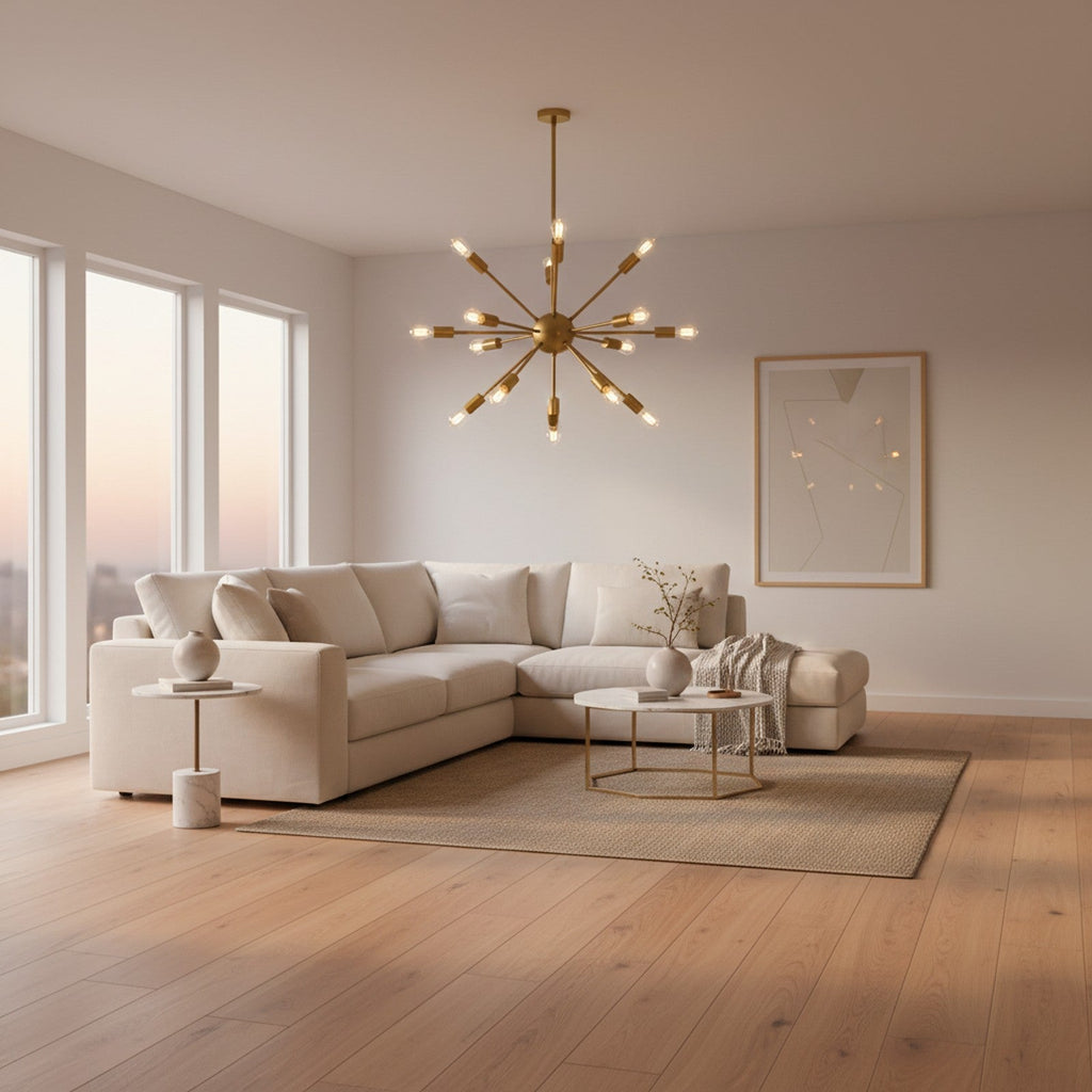 12-Light Sputnik Chandelier Brushed Gold in Modern Living Room
