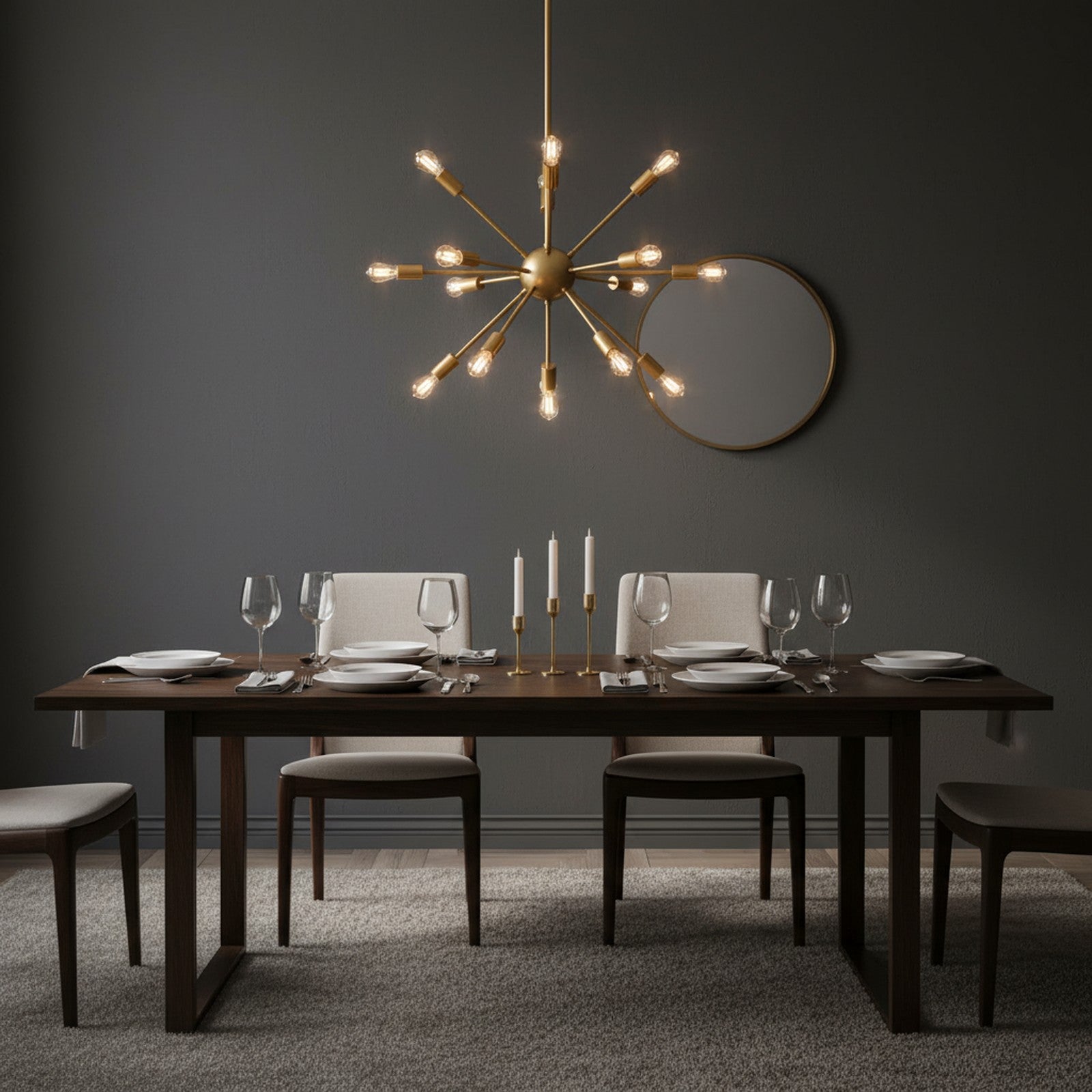 Sputnik Chandelier Brushed Gold Above Dining Table Dark Wall