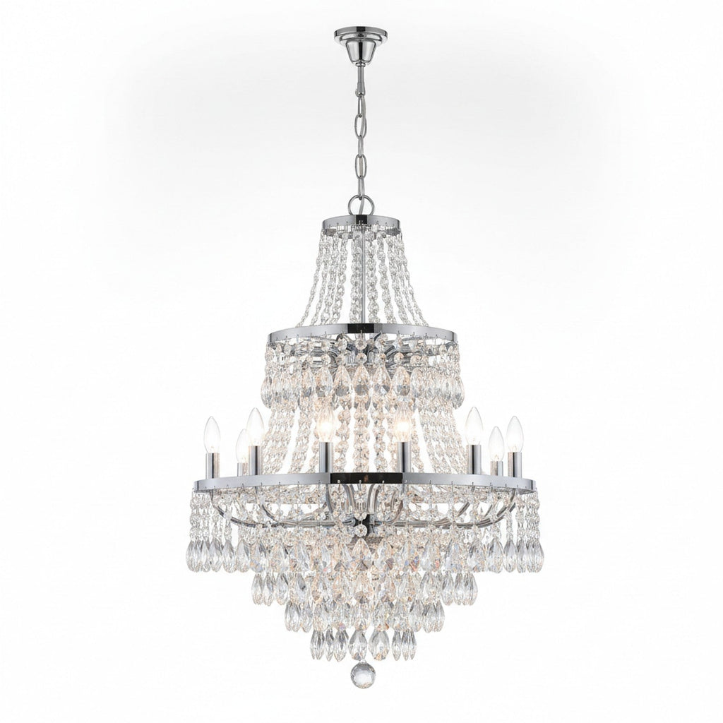 Tiered Crystal Empire Chandelier with 15 lights and chrome finish on white background
