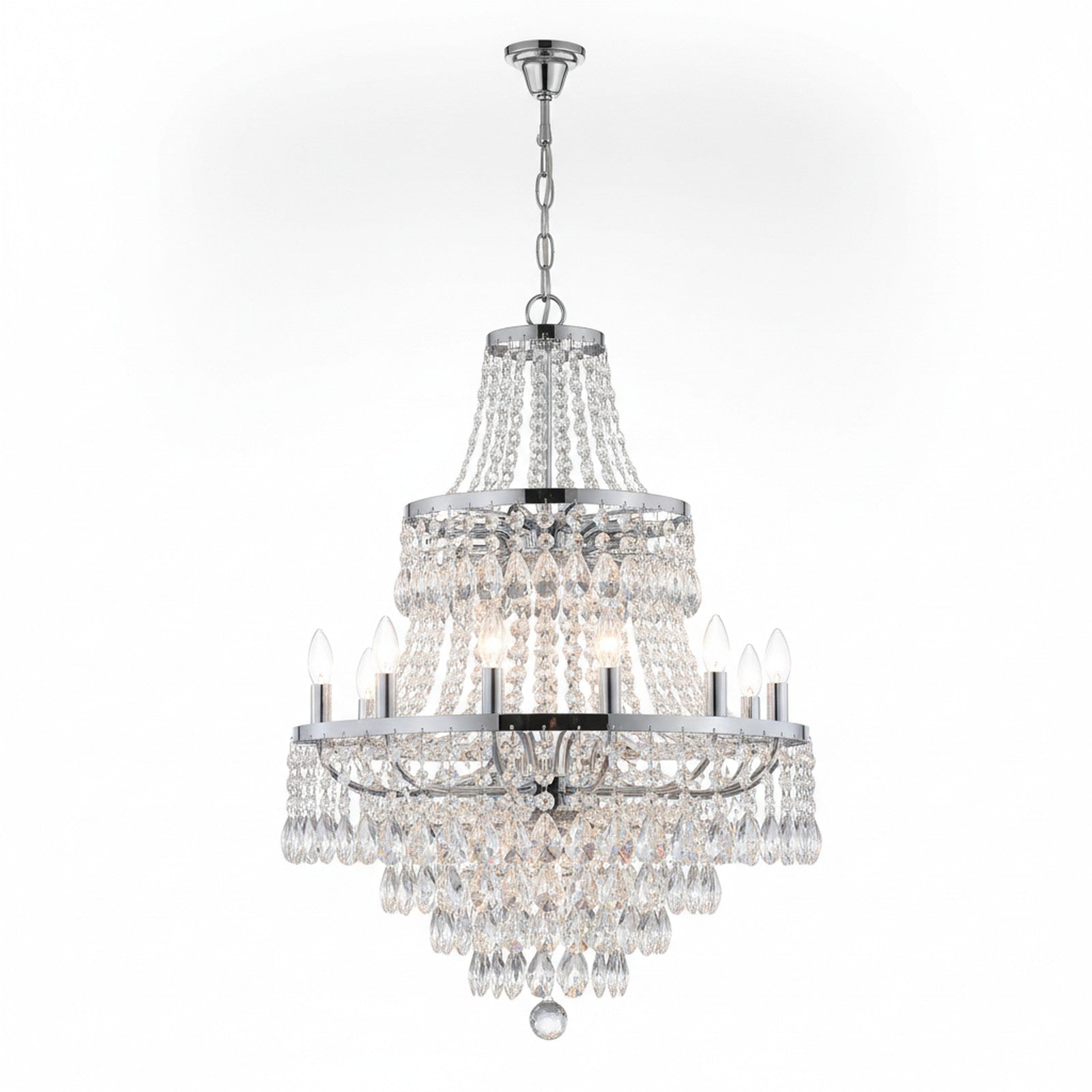 Tiered Crystal Empire Chandelier with 15 lights and chrome finish on white background