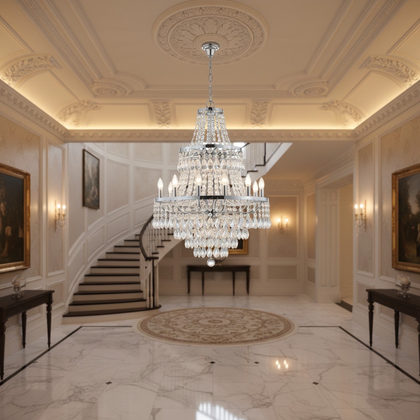 Tiered Crystal Empire Chandelier in grand formal entryway with marble floors and sweeping staircase