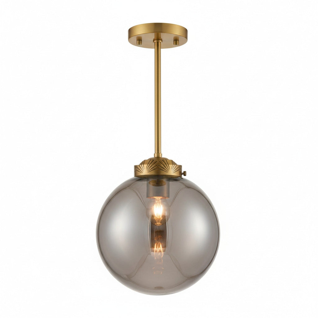 Art Deco Brass Pendant - smoked glass globe pendant with brass hardware on white background