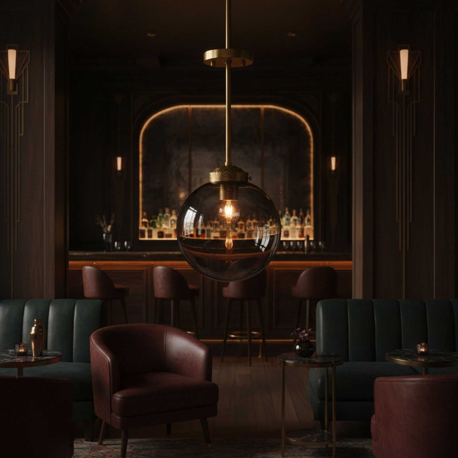 Art Deco Brass Pendant - smoked glass pendant in art deco bar lounge with dark wood paneling