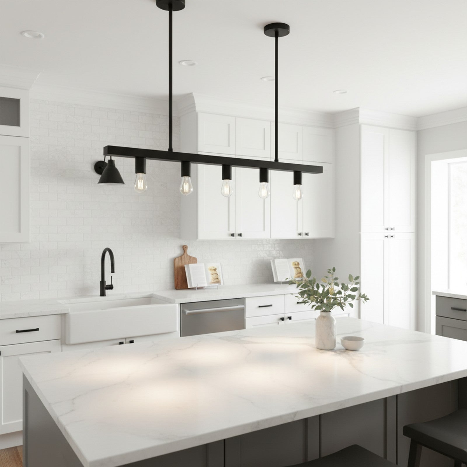 Linear Kitchen Island Pendant - black pendant above white marble kitchen island in modern farmhouse