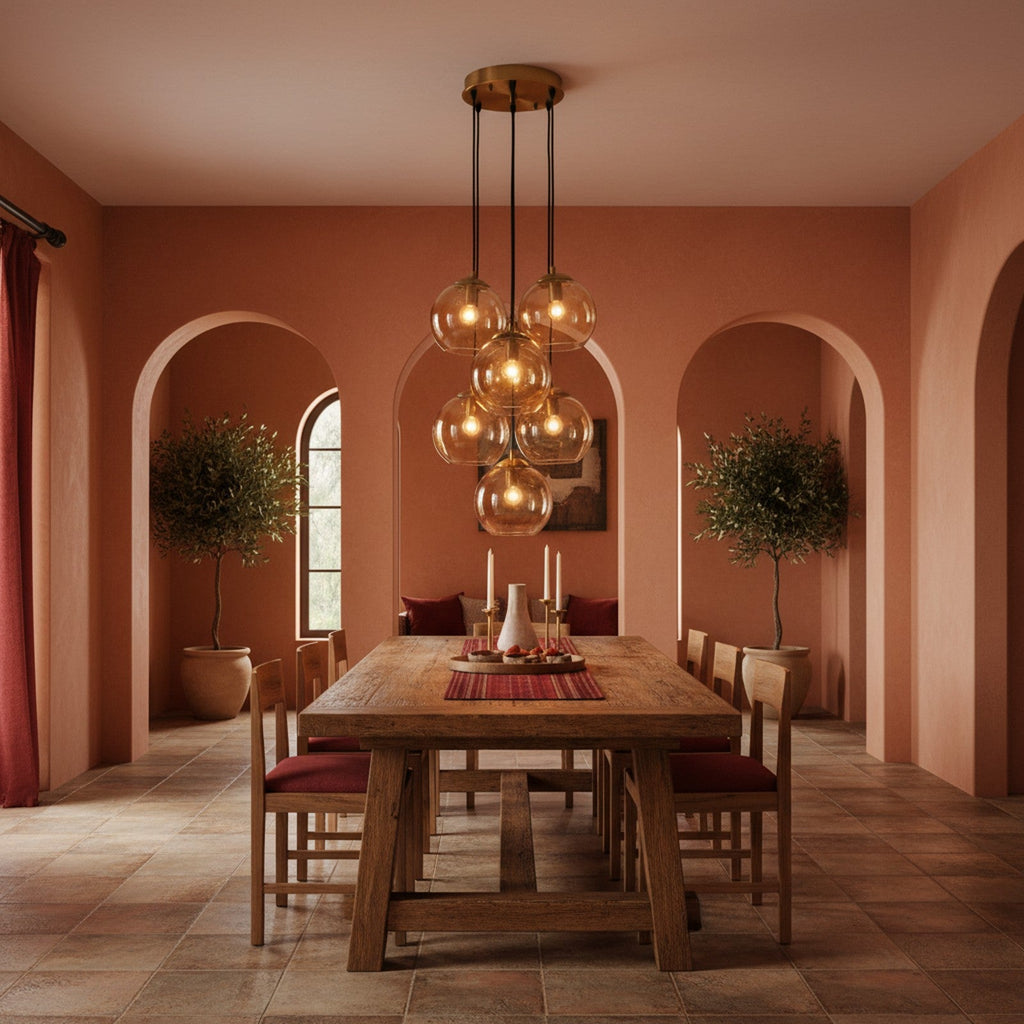 Murano-Style Glass Cluster Pendant - amber glass pendant in Mediterranean dining room with terracotta tones