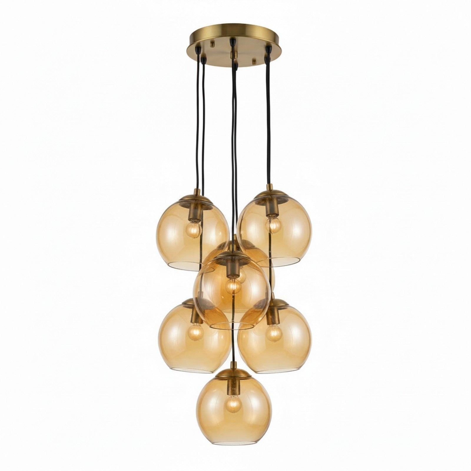 Murano-Style Glass Cluster Pendant - side view showing staggered heights of 7 amber spheres