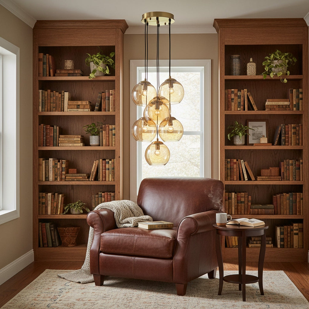 Murano-Style Glass Cluster Pendant - amber pendant in cozy reading nook with bookshelves