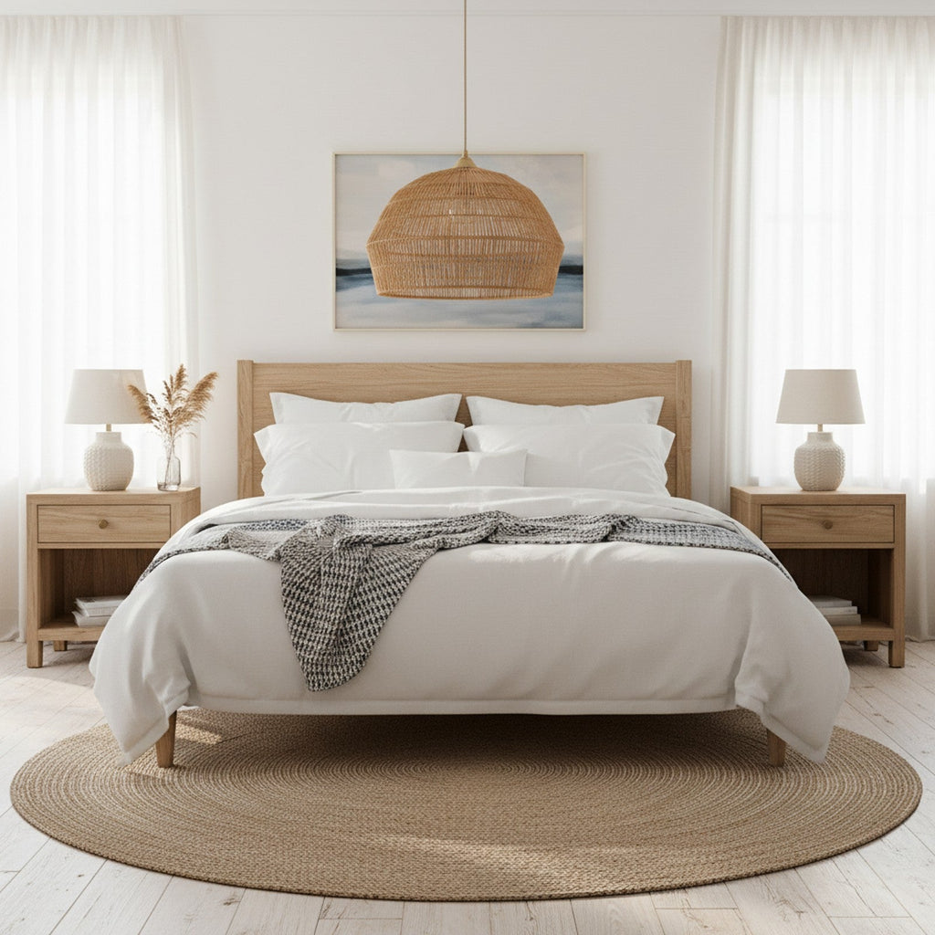 Rattan Woven Dome Pendant - in coastal bohemian bedroom with white linen bedding