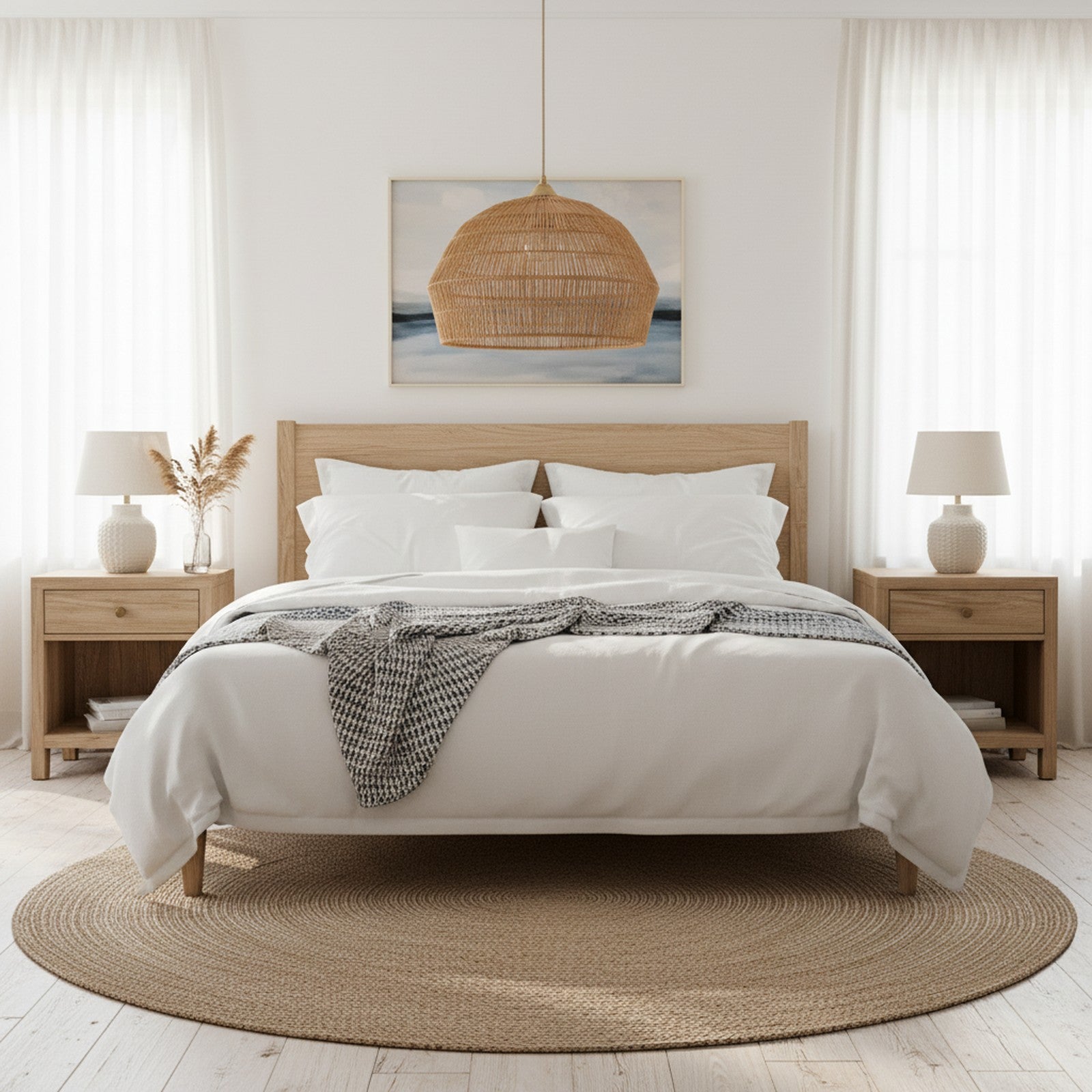 Rattan Woven Dome Pendant - in coastal bohemian bedroom with white linen bedding