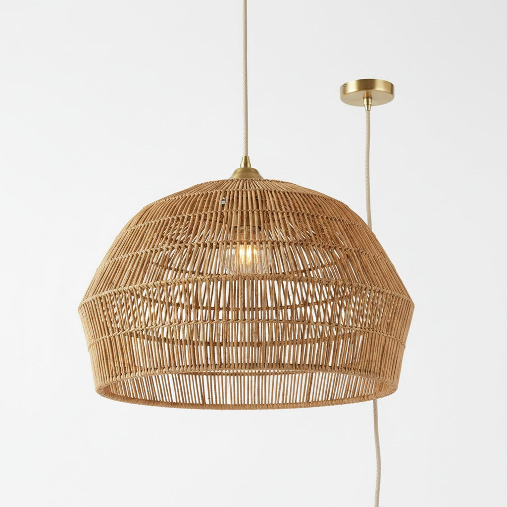 Rattan Woven Dome Pendant - view from below showing light filtering through woven rattan