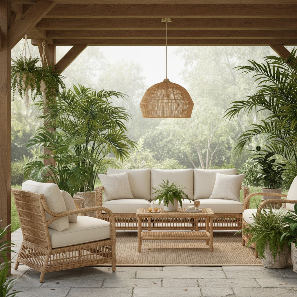 Rattan Woven Dome Pendant - on covered outdoor patio with tropical plants