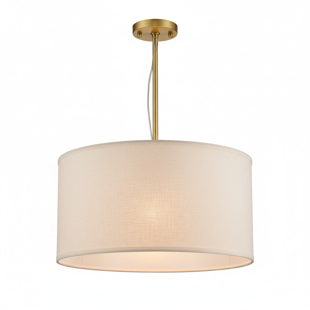 Oversized Drum Pendant - linen shade with brass hardware on white background