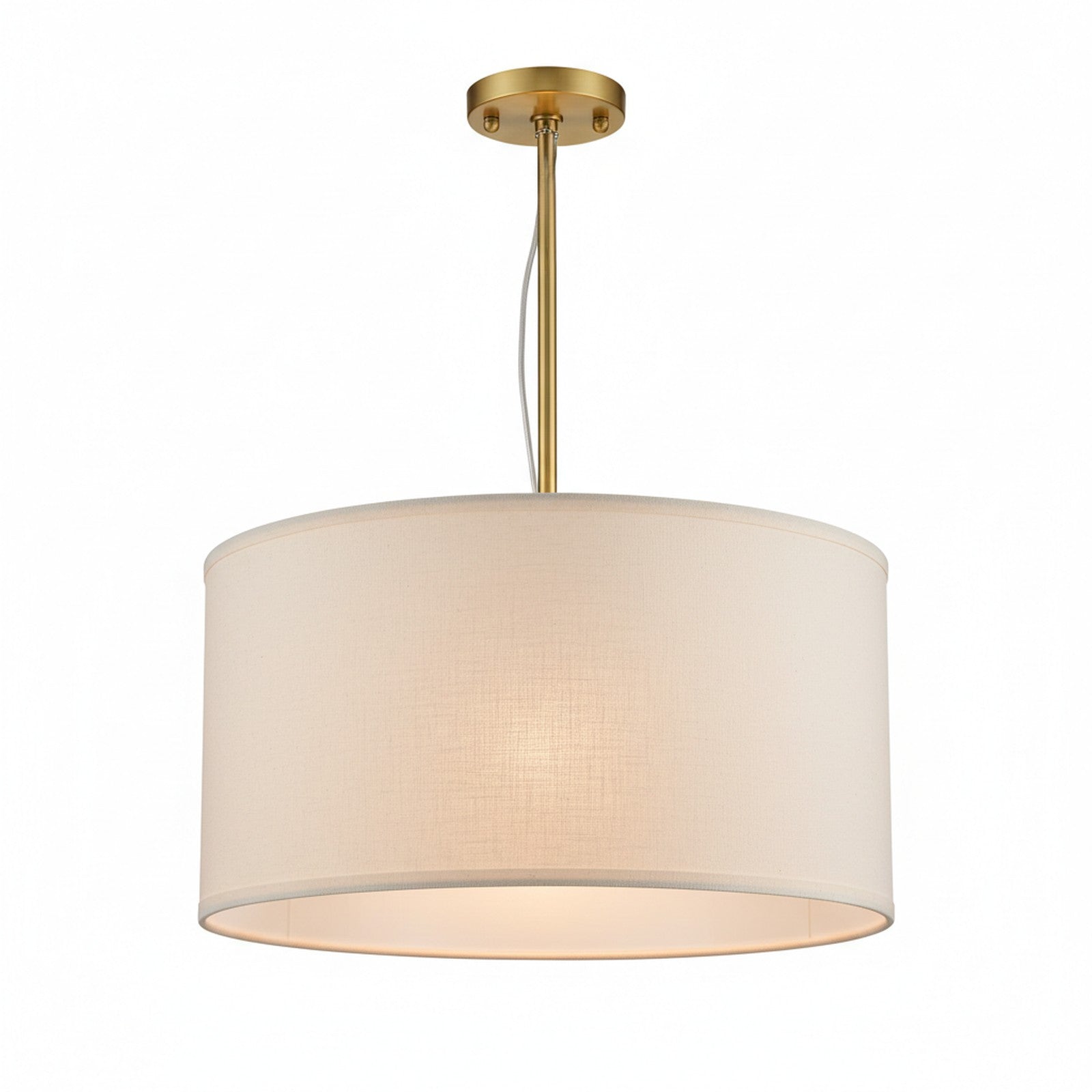 Oversized Drum Pendant - linen shade with brass hardware on white background