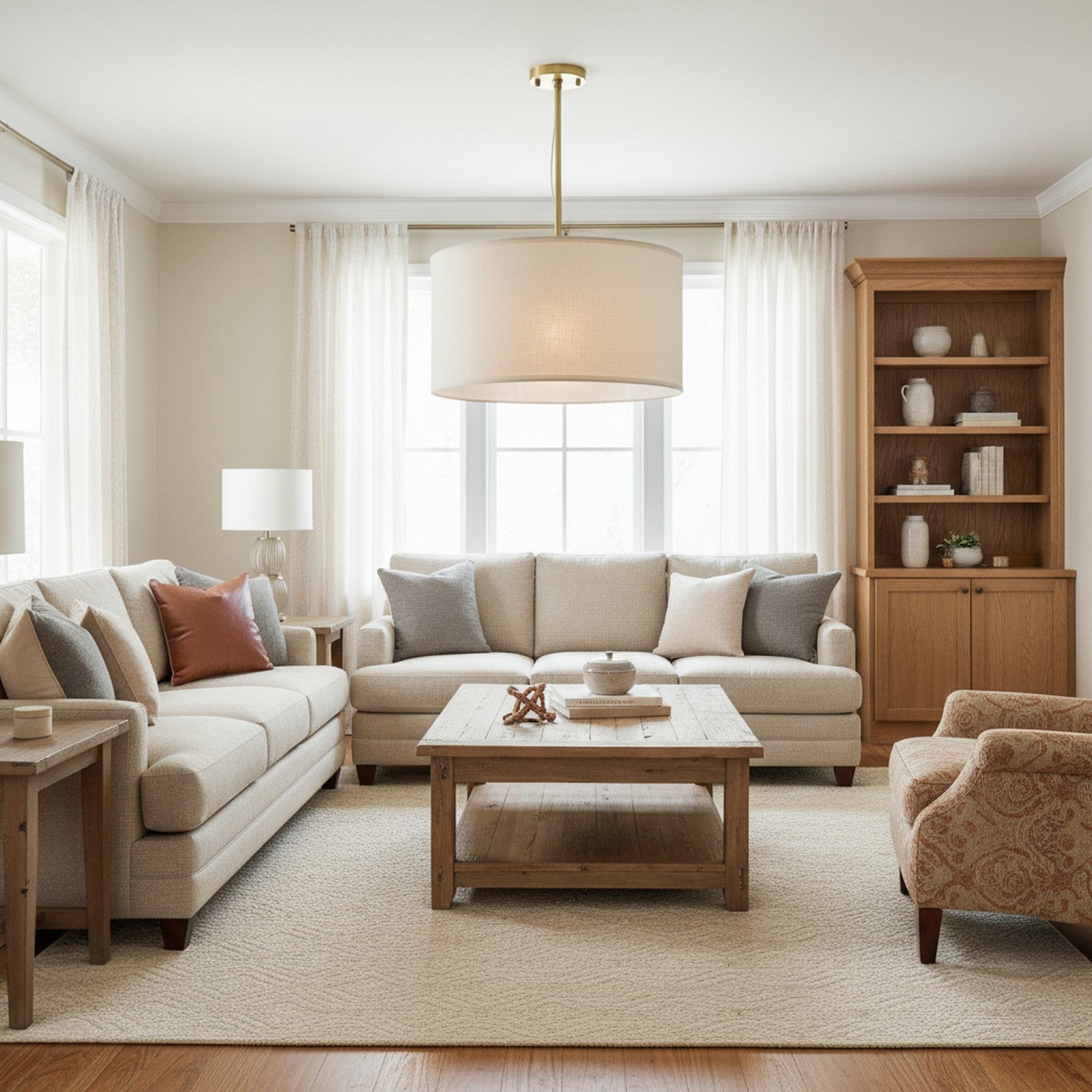 Oversized Drum Pendant - in transitional living room with neutral palette and warm woods