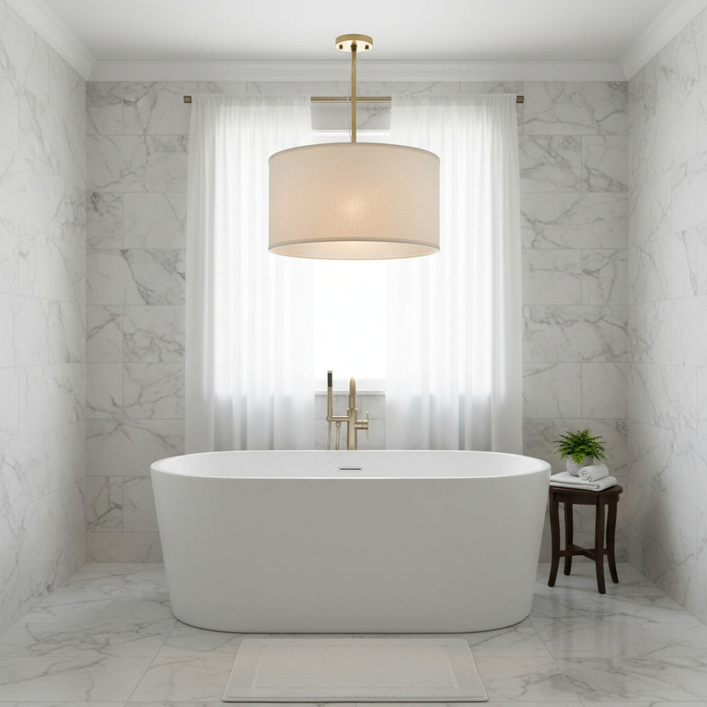 Oversized Drum Pendant - above freestanding bathtub in spa-like master bathroom