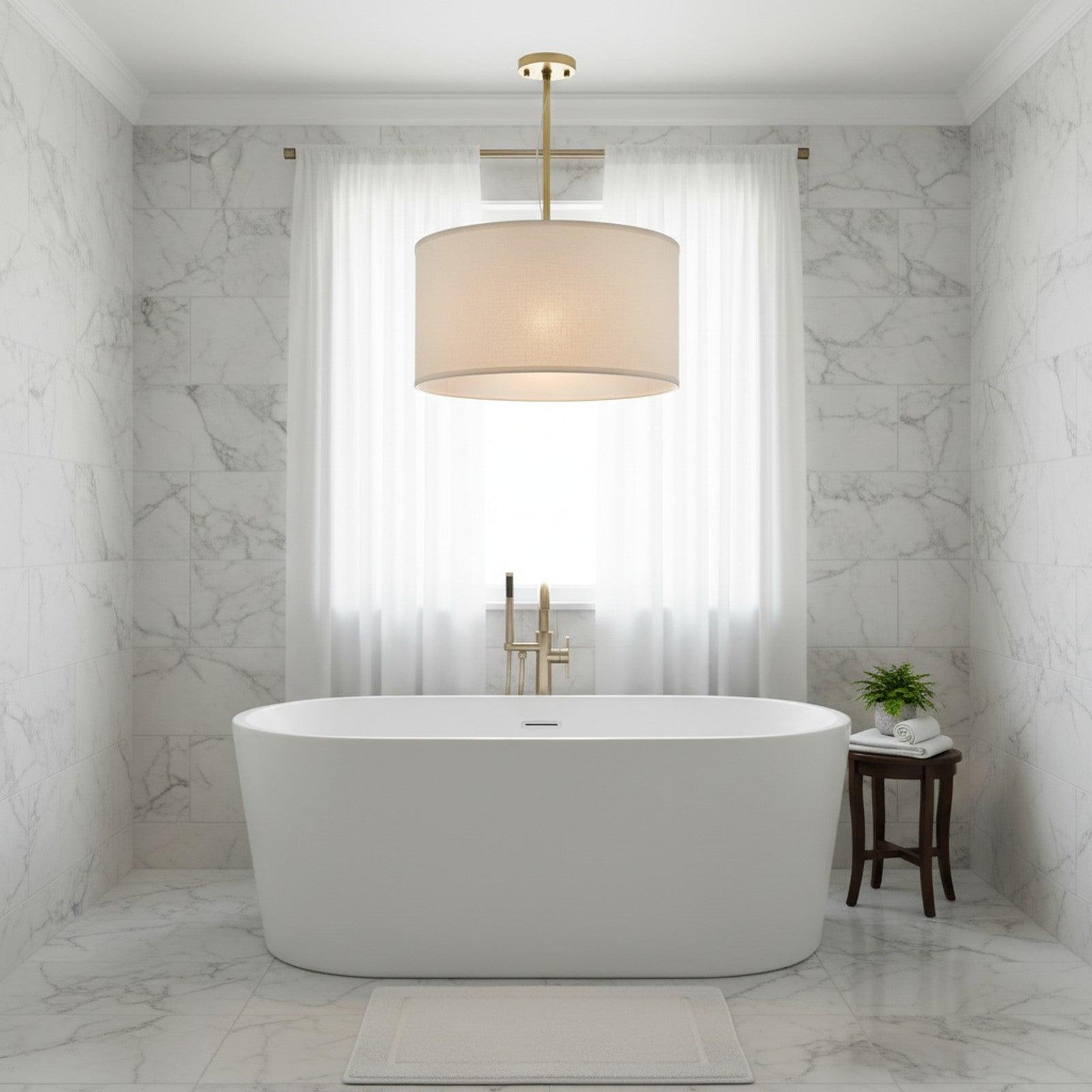 Oversized Drum Pendant - above freestanding bathtub in spa-like master bathroom