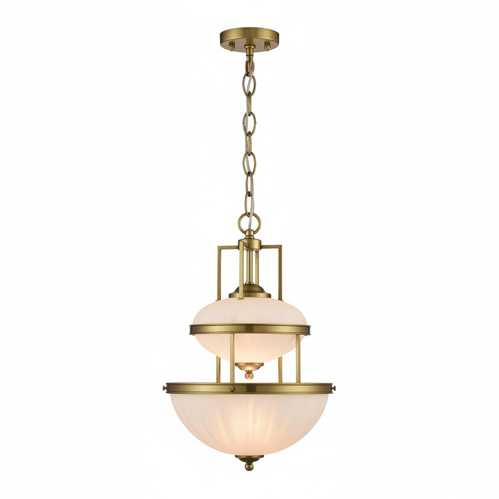 Tiered Brass & Milky Glass Pendant - three-tier opal glass pendant on white background
