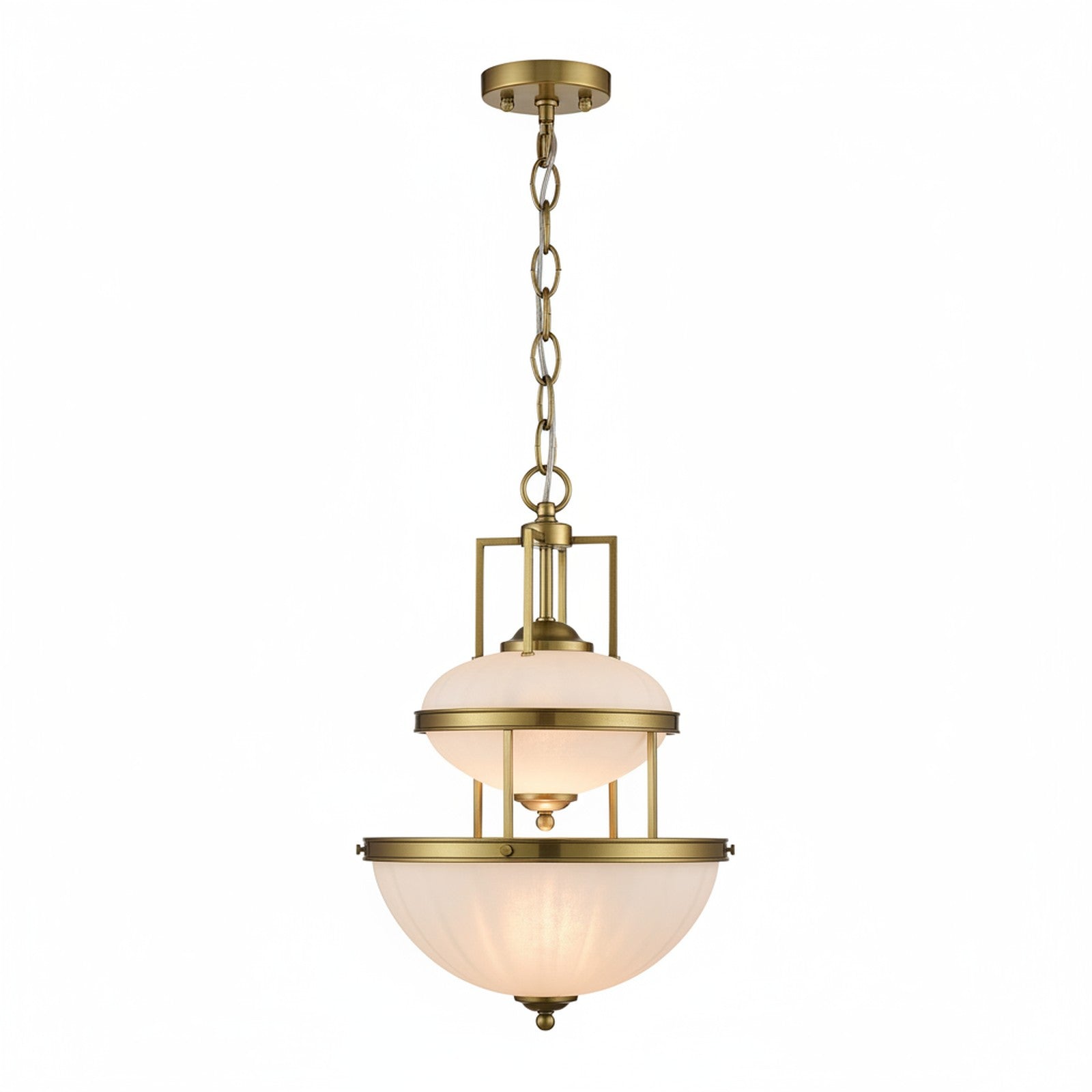Tiered Brass & Milky Glass Pendant - three-tier opal glass pendant on white background
