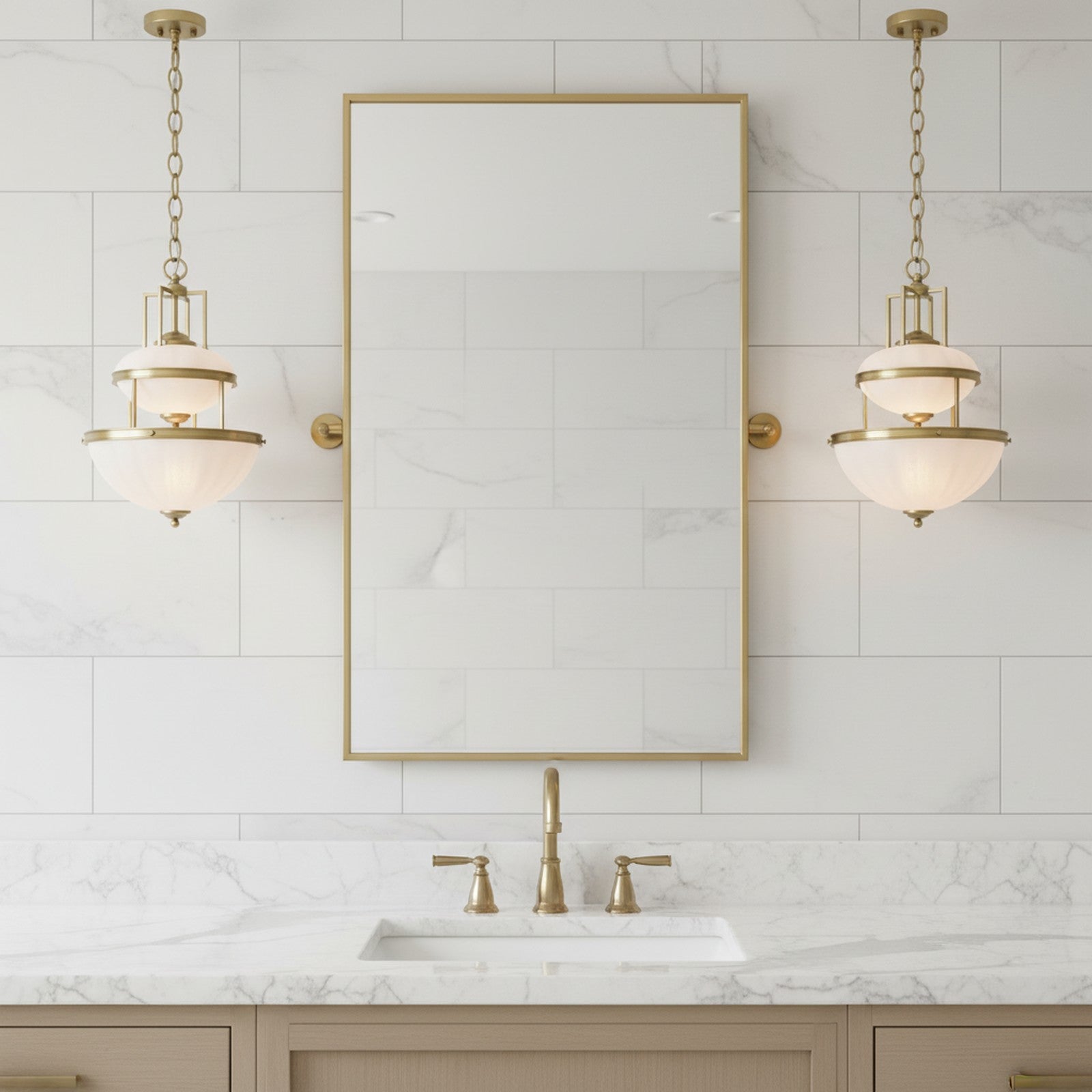 Tiered Brass & Milky Glass Pendant - pair flanking bathroom vanity mirror with marble countertop