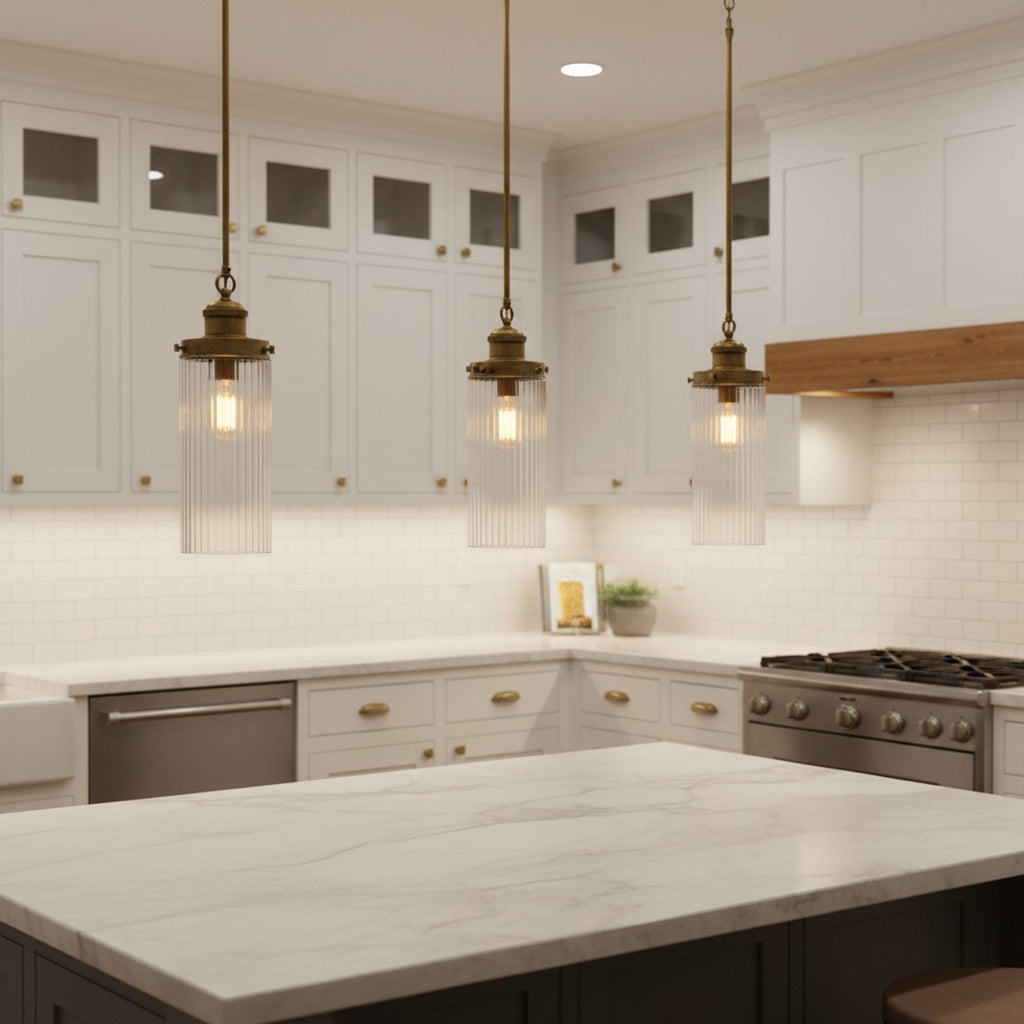 Ribbed Glass Cylinder Pendant - three pendants above kitchen peninsula in Shaker kitchen