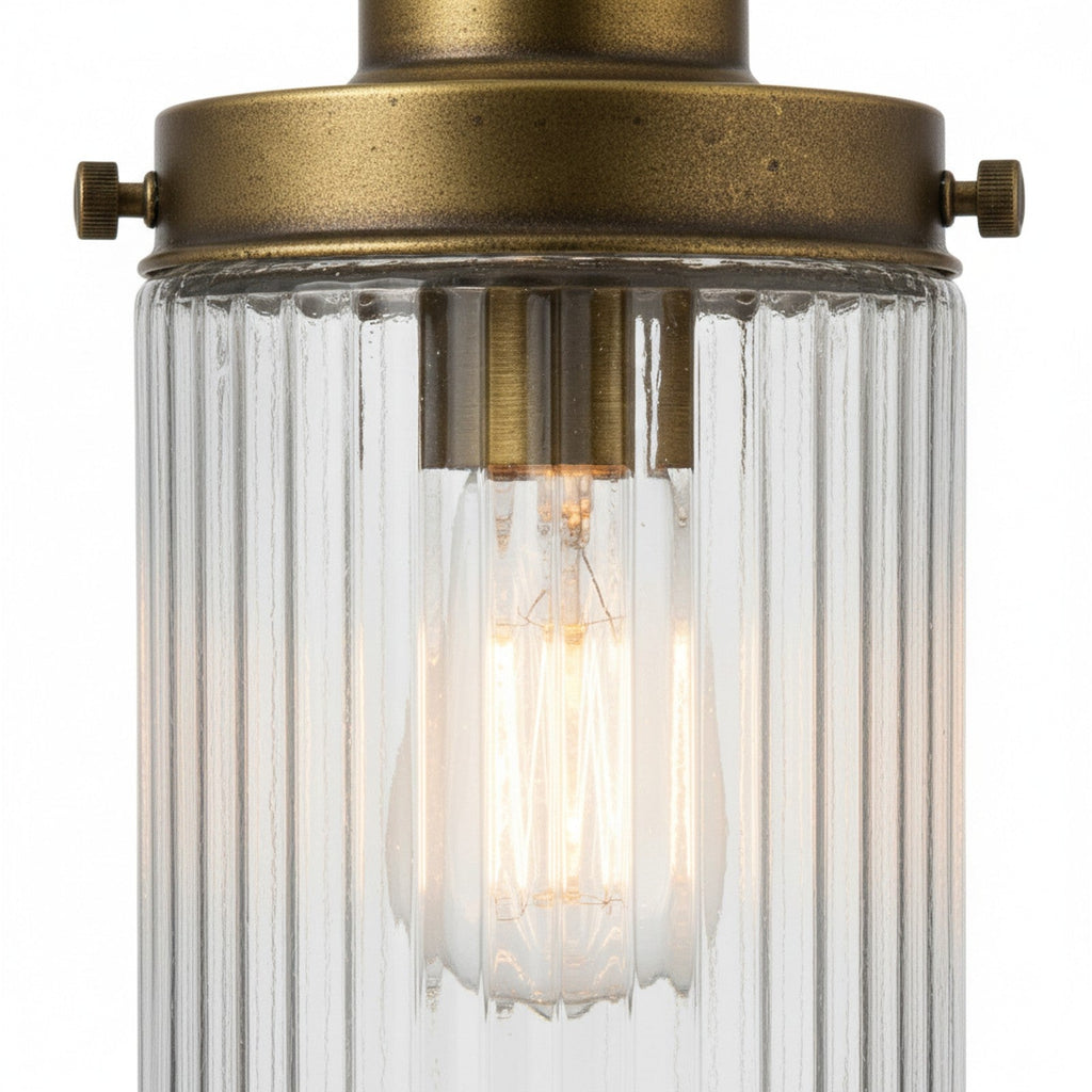 Ribbed Glass Cylinder Pendant - close-up of vertical fluting and light refraction