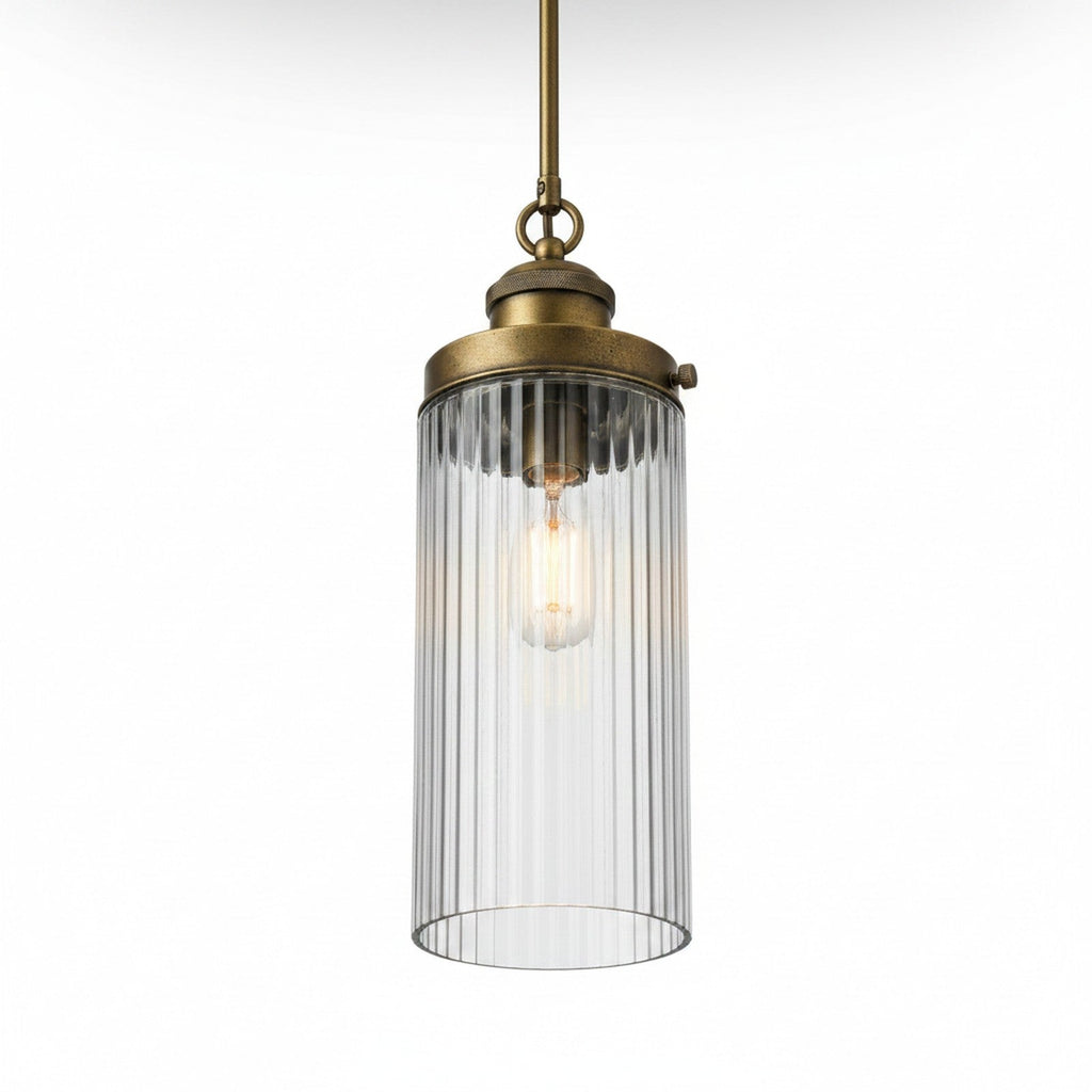 Ribbed Glass Cylinder Pendant - view from below through fluted glass showing bulb and brass