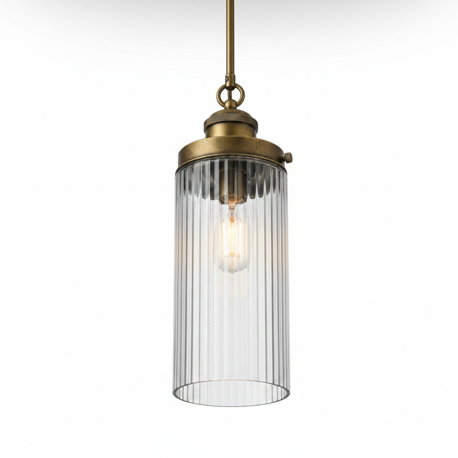 Ribbed Glass Cylinder Pendant - view from below through fluted glass showing bulb and brass