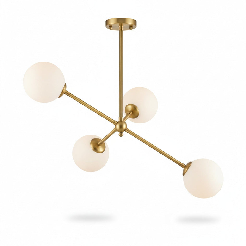 Asymmetric 3-Arm Pendant - sculptural brass pendant with opal glass globes on white background