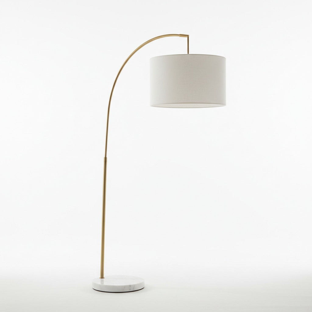 Mid-Century Arc Floor Lamp with Brass Arm and White Marble Base - Product Image