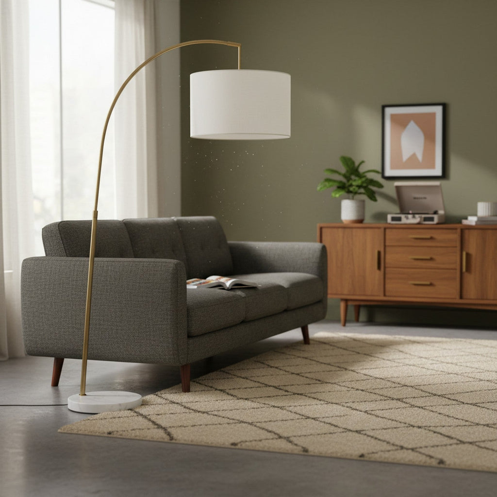Mid-Century Arc Floor Lamp with Brass Arm and White Marble Base - Lifestyle
