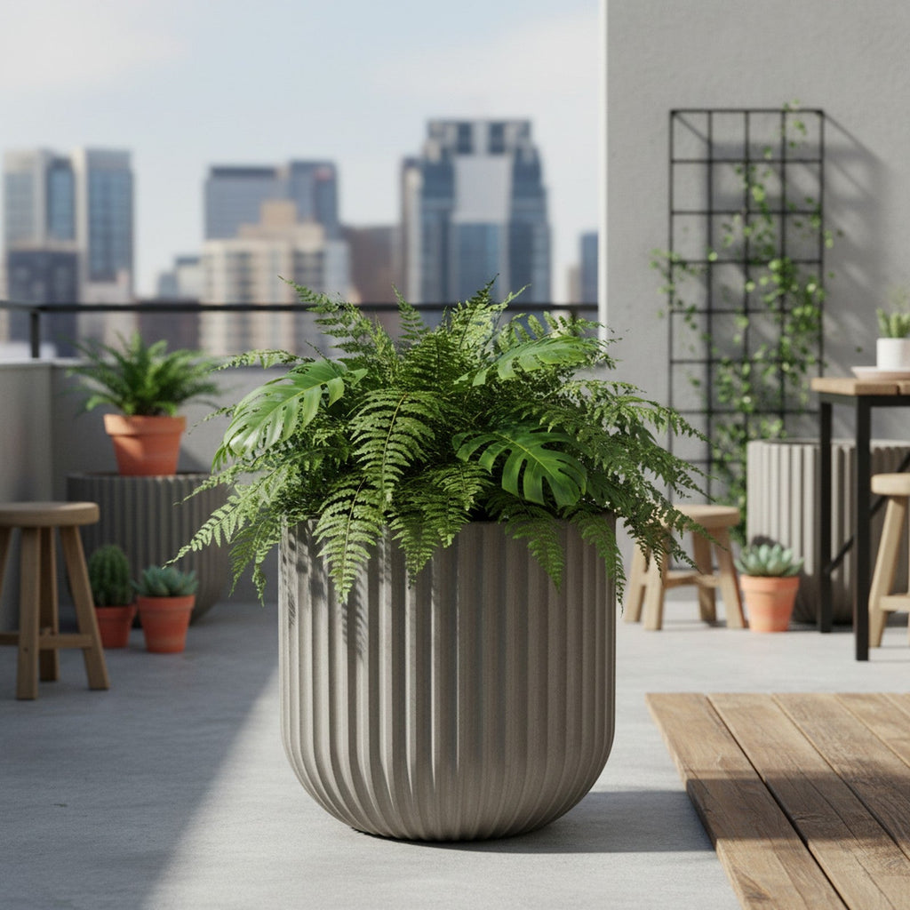 Concrete Ribbed Cylinder Planter - Lifestyle