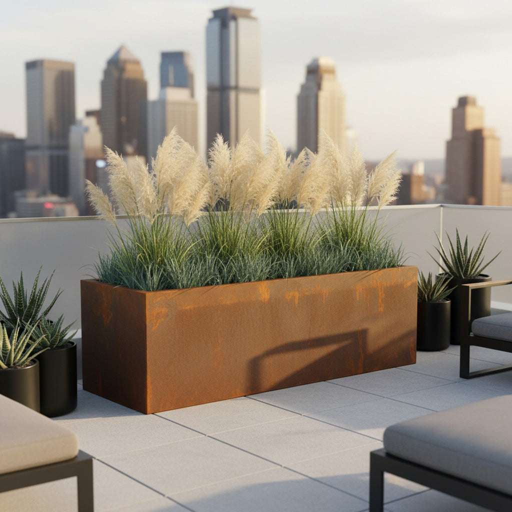 Corten Steel Rectangular Planter - Lifestyle