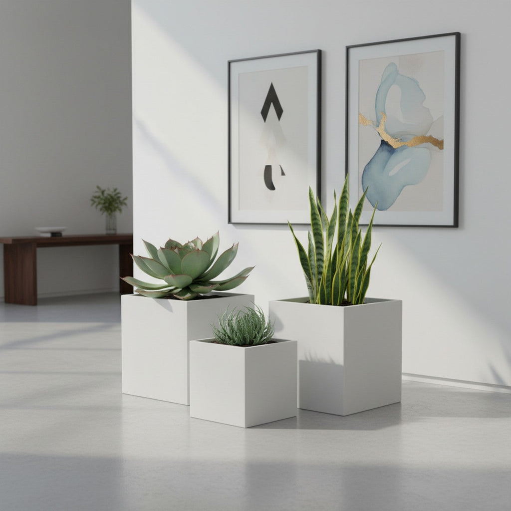 Fiberglass Modern Cube Planter Set - Context Scene