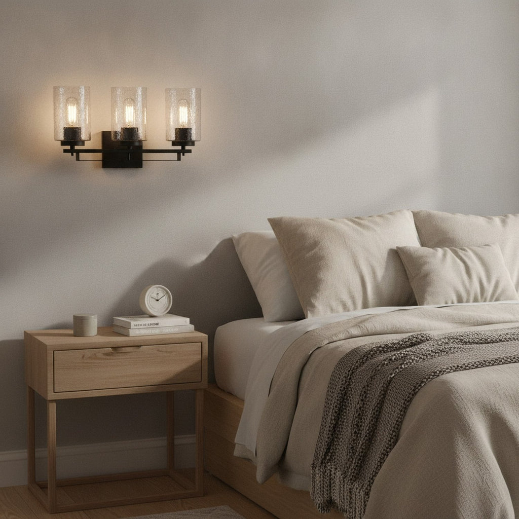 Bronze Metal and Textured Glass Three Light Wall Sconce - L3