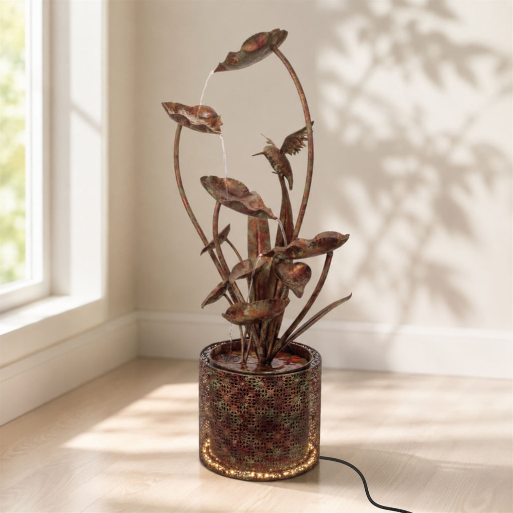 Cascading Iron Hummingbird and Leaf Fountain 42"H