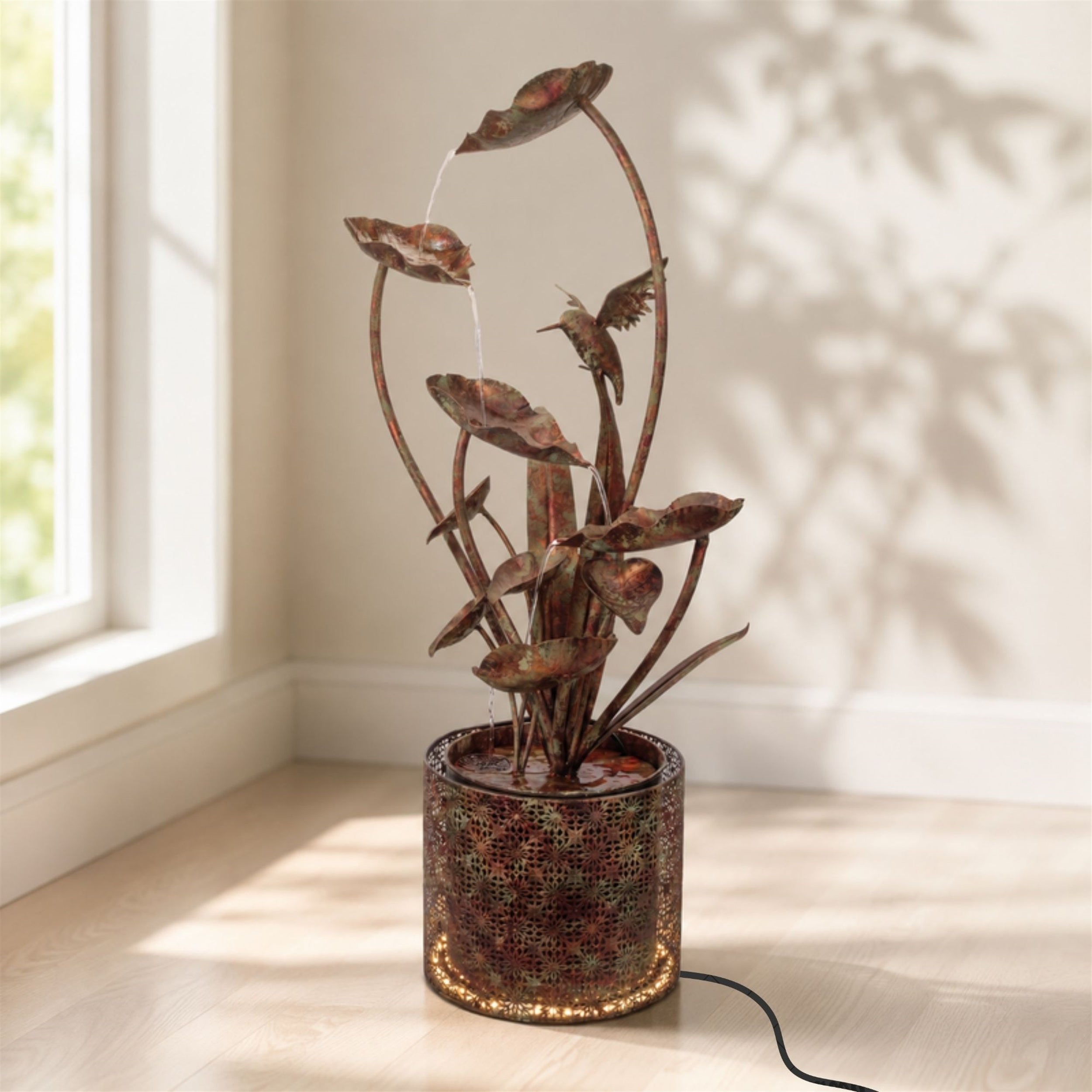 Cascading Iron Hummingbird and Leaf Fountain 42"H