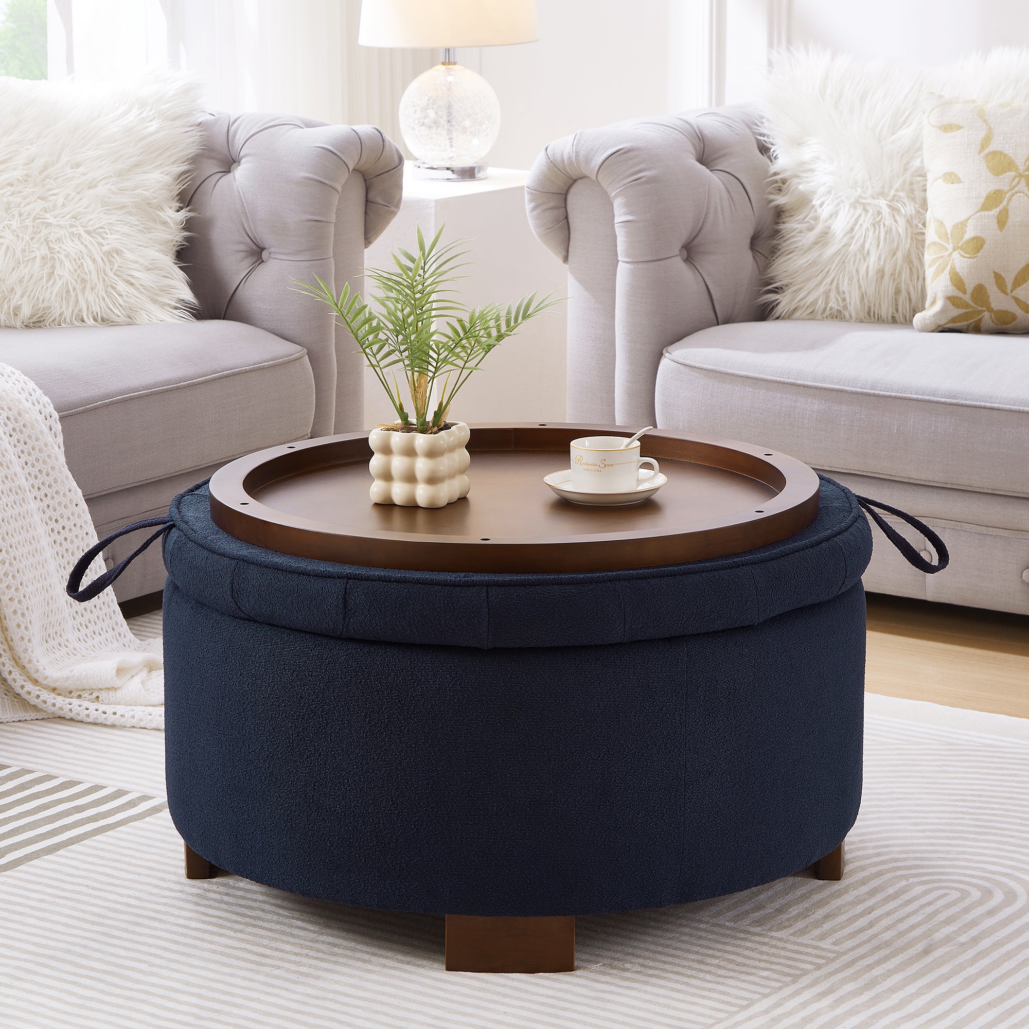 Round Storage Ottoman with Reversible Lid, Boucle, Navy