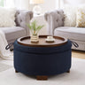Round Storage Ottoman with Reversible Lid, Boucle, Navy