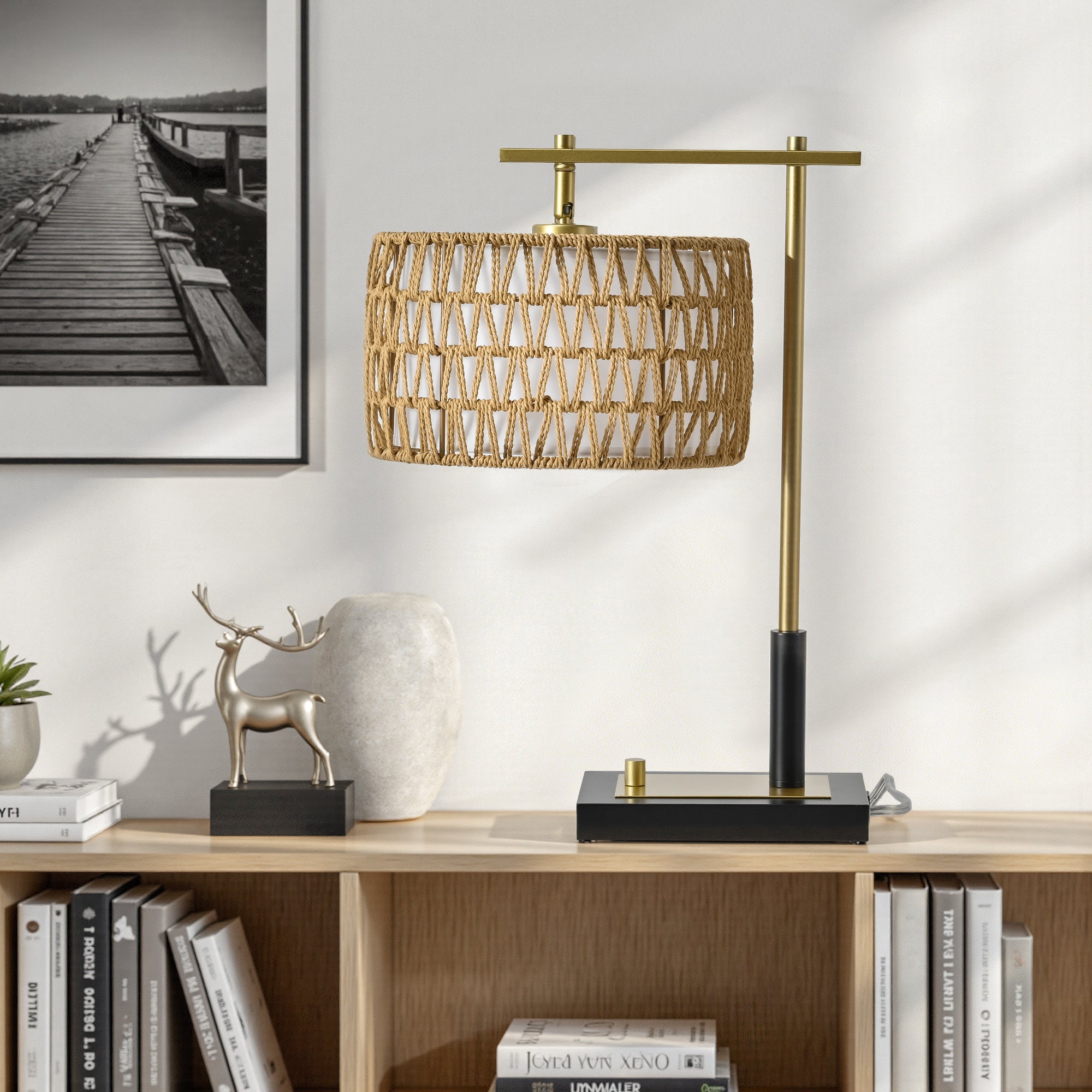 19 Inch Table Lamp Set of 2 with Rope and White Fabric