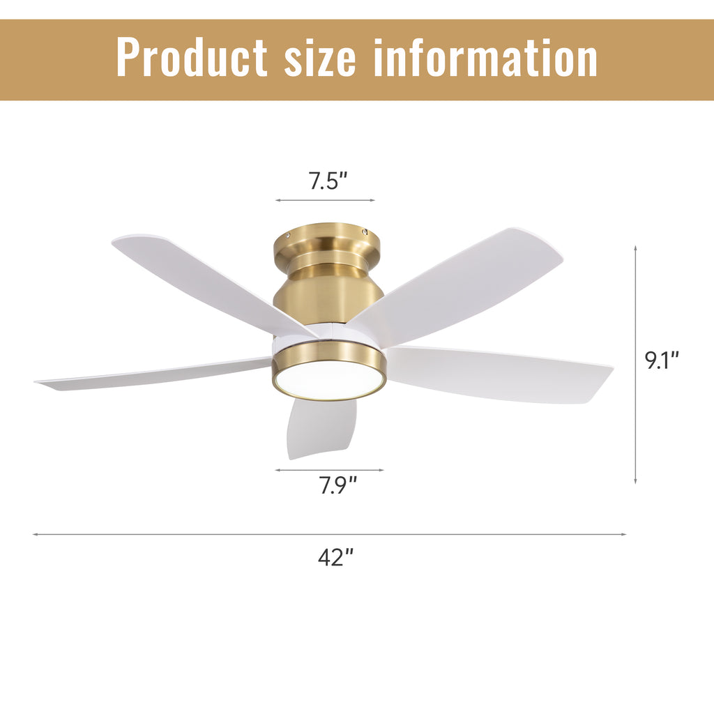42 Inch Flush Mount Ceiling Fans with LED Light 22W and