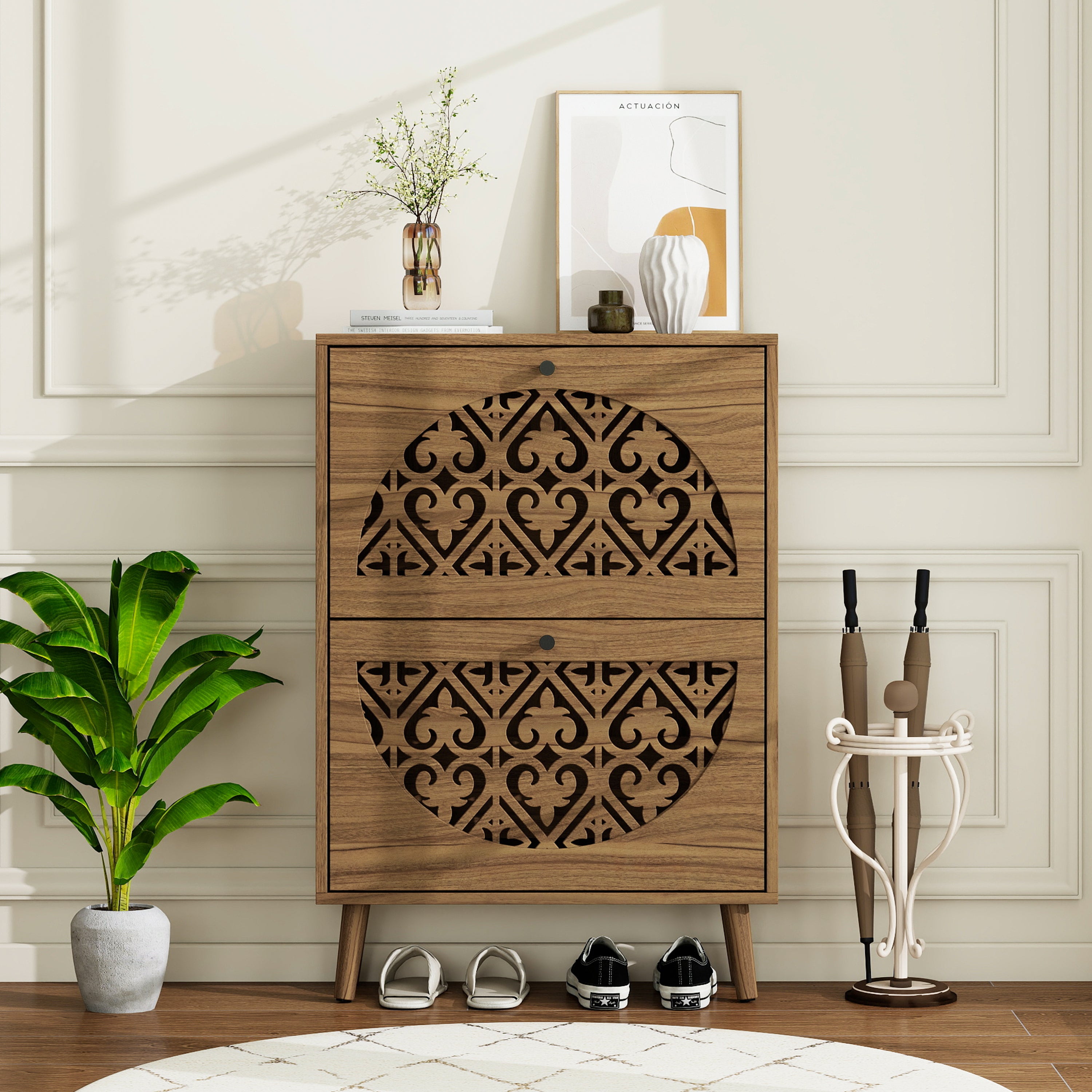 Japandi Narrow Shoe Cabinet, 2 Flip Drawers, Carved Floral, Walnut