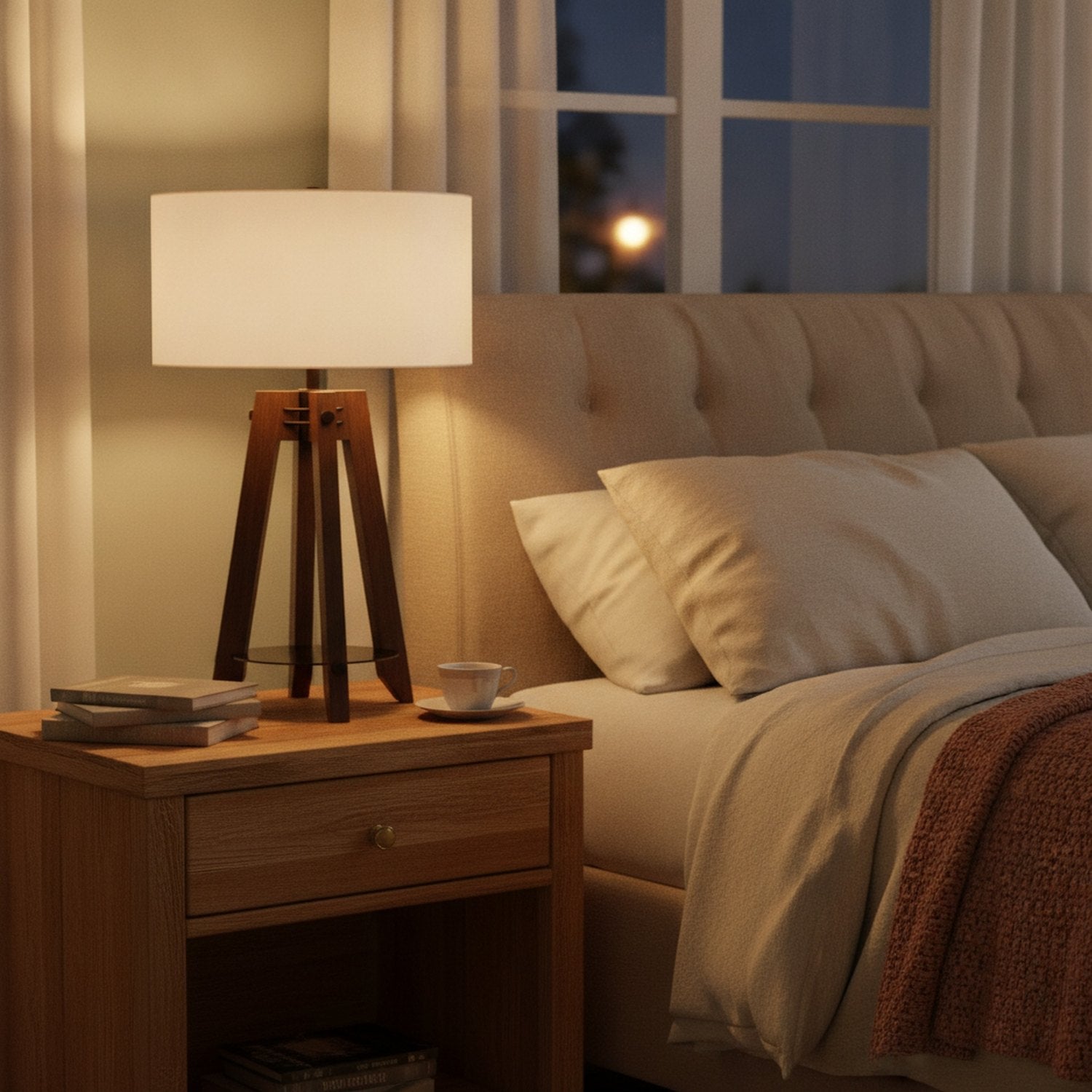 32" Brown Metal Tripod Table Lamp With Off White Drum Shade - L2