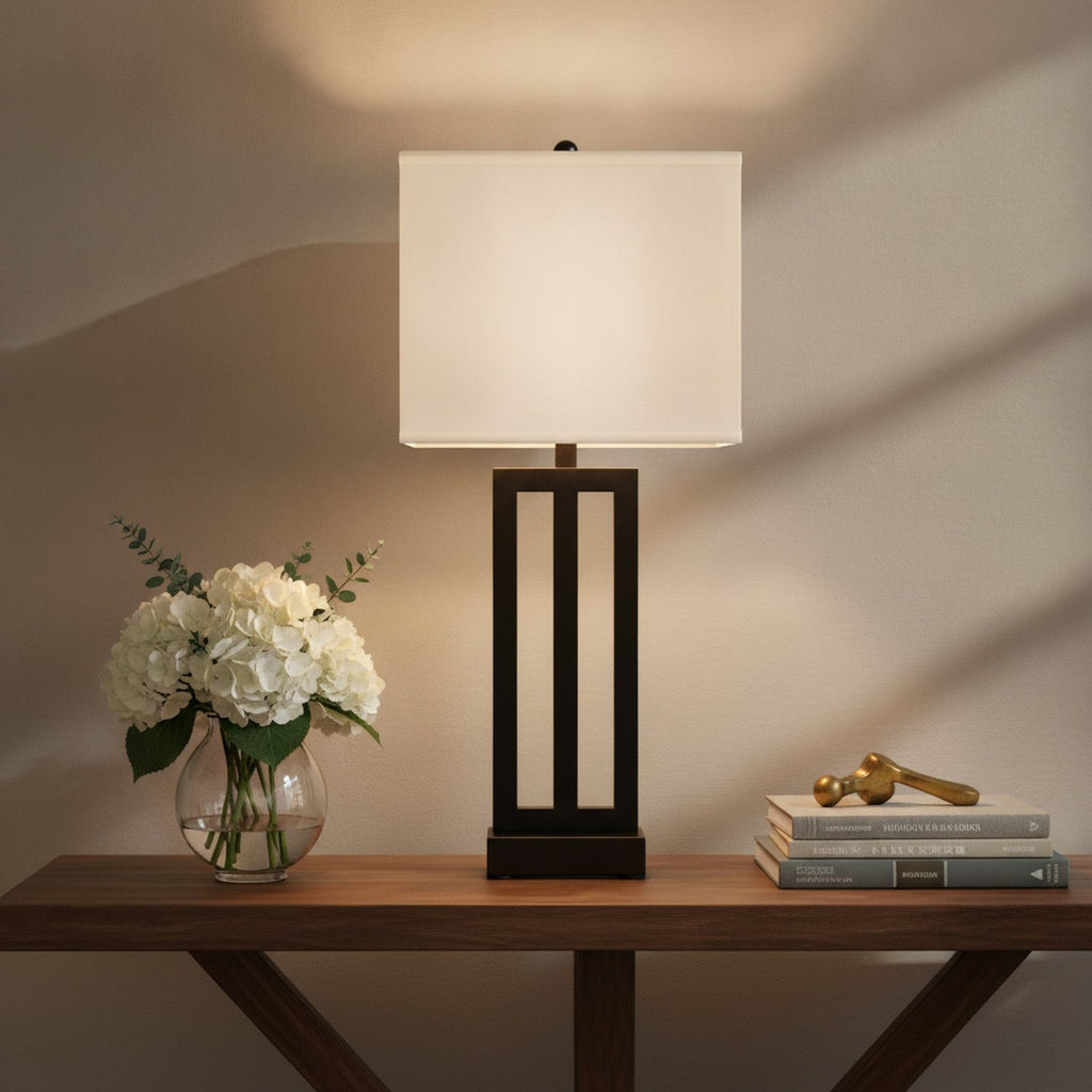 30" Black Metal USB Table Lamp With White Shade - L1