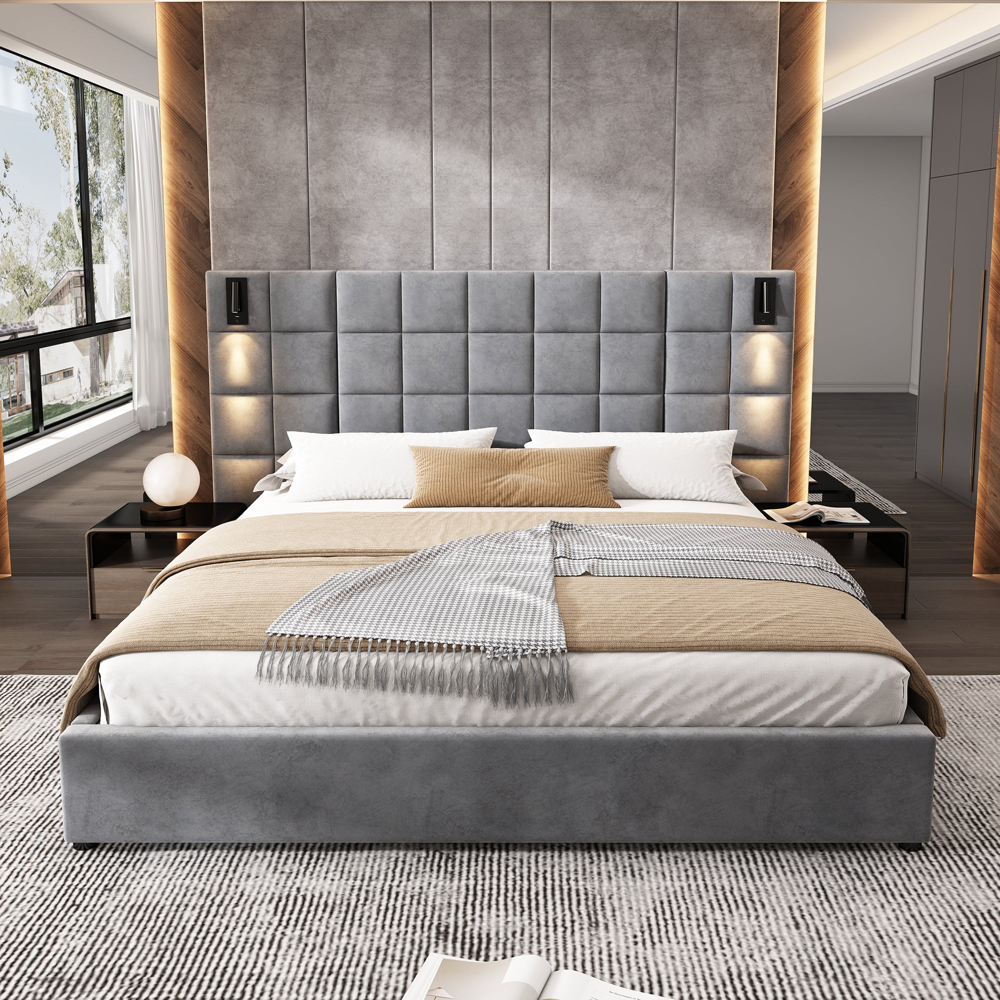 California King Size Upholstered Bed Frame Light Fixture