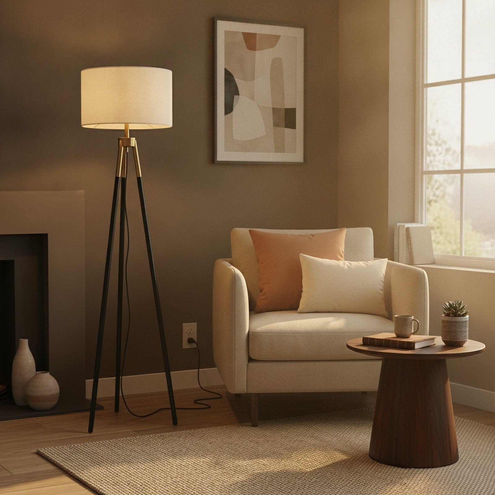 Sway Brassed Gold Floor Lamp with On/Off Switch Triple Legs  — styled in a Maison Bruxelle interior