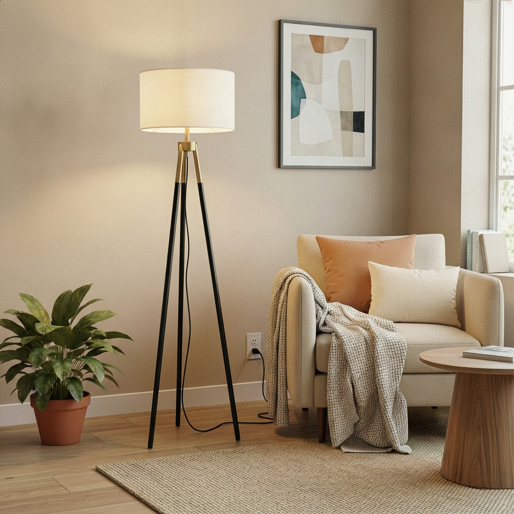 Sway Brassed Gold Floor Lamp with On/Off Switch Triple Legs  — styled — Maison Bruxelle