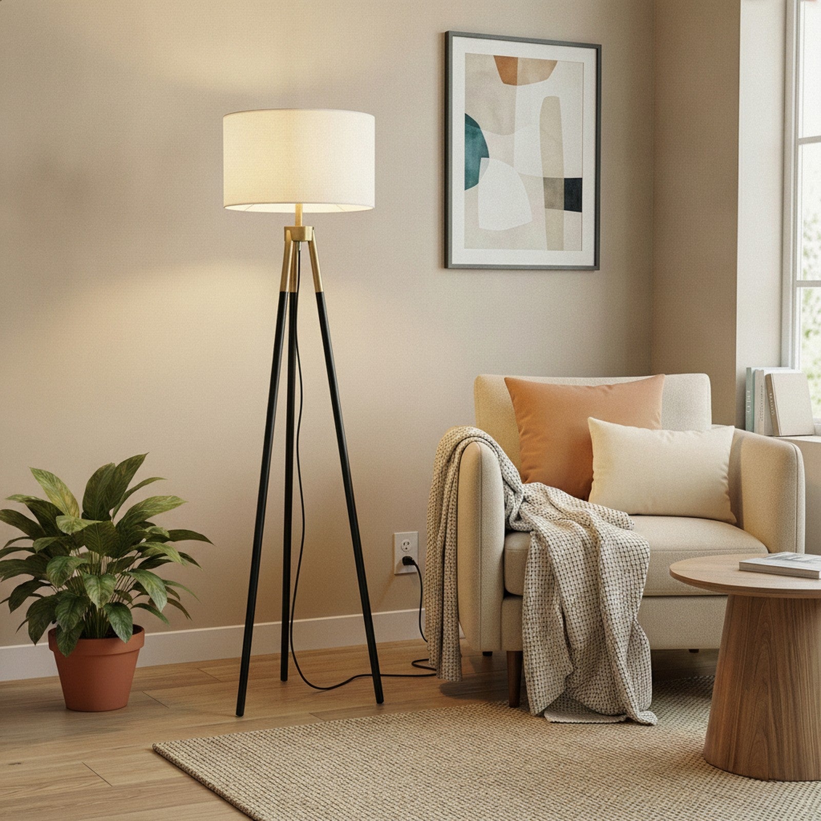 Sway Brassed Gold Floor Lamp with On/Off Switch Triple Legs  — styled — Maison Bruxelle