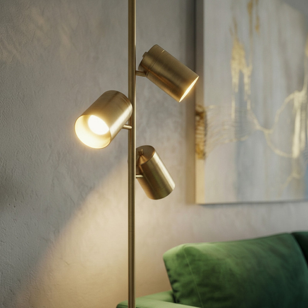 Harmony Brassed Gold Floor Lamp with Rotary Switch Triple Sp — detail — Maison Bruxelle