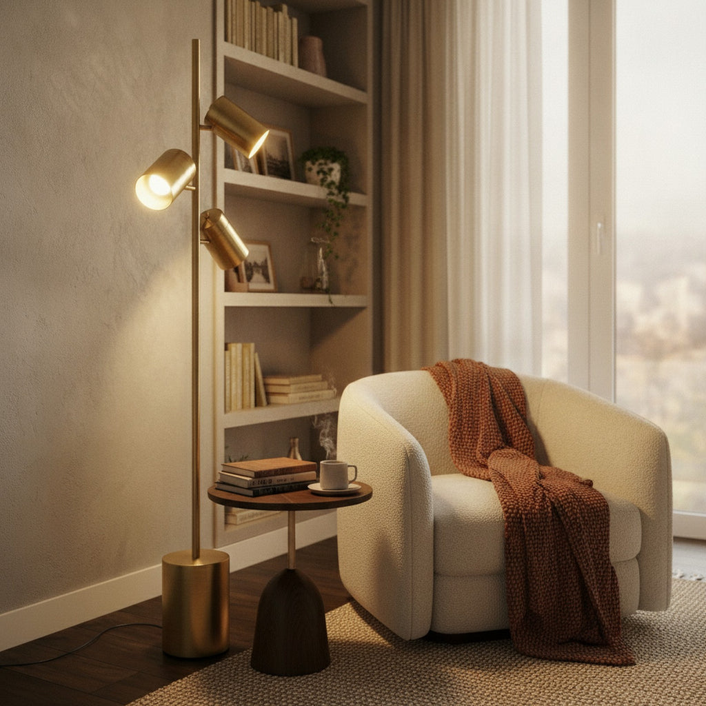 Harmony Brassed Gold Floor Lamp with Rotary Switch Triple Sp — styled in a Maison Bruxelle interior
